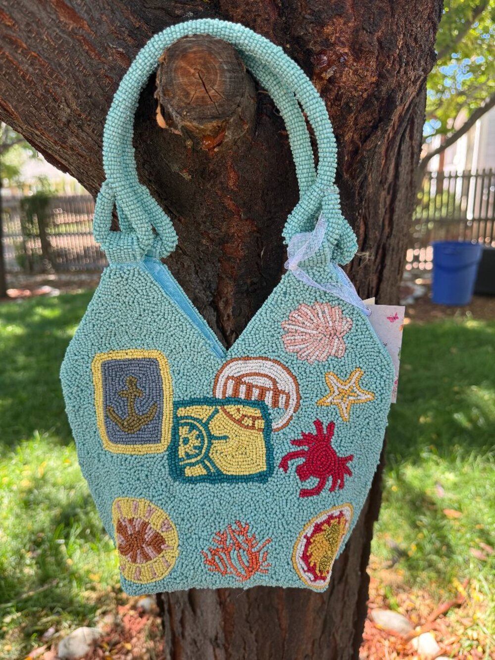 NWT Handmade India Beaded Coastal Beach Bag Marine Theme